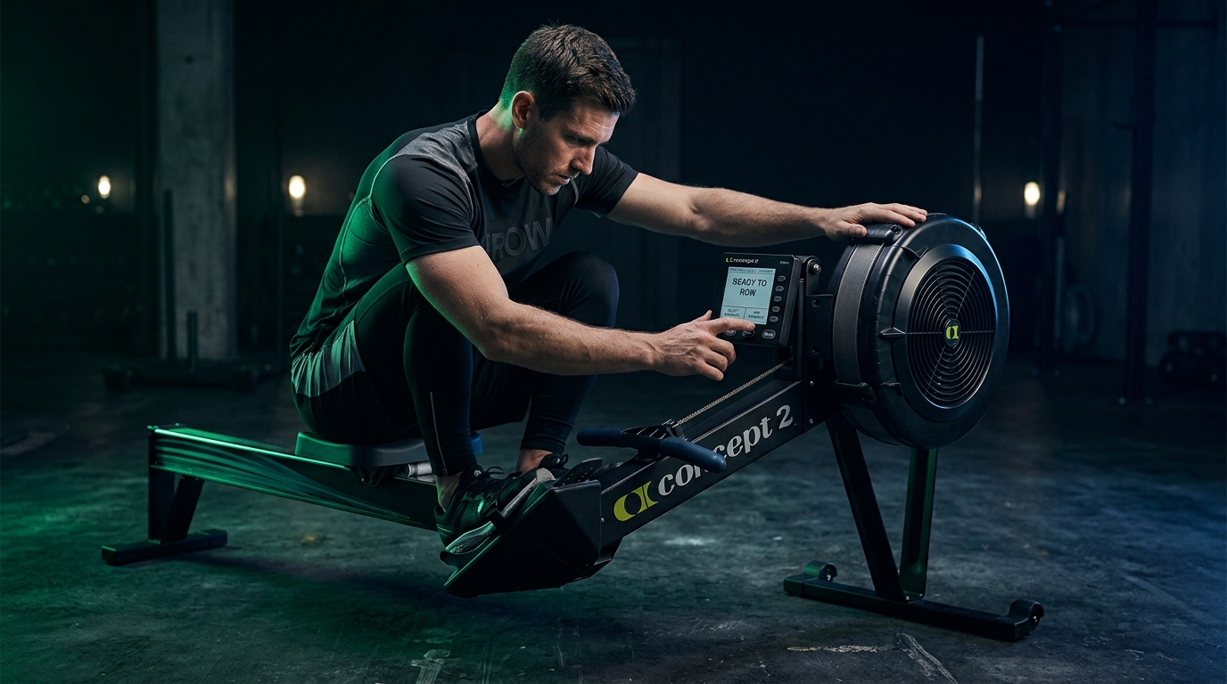 An indoor rower set up for a first session, with the monitor at eye level