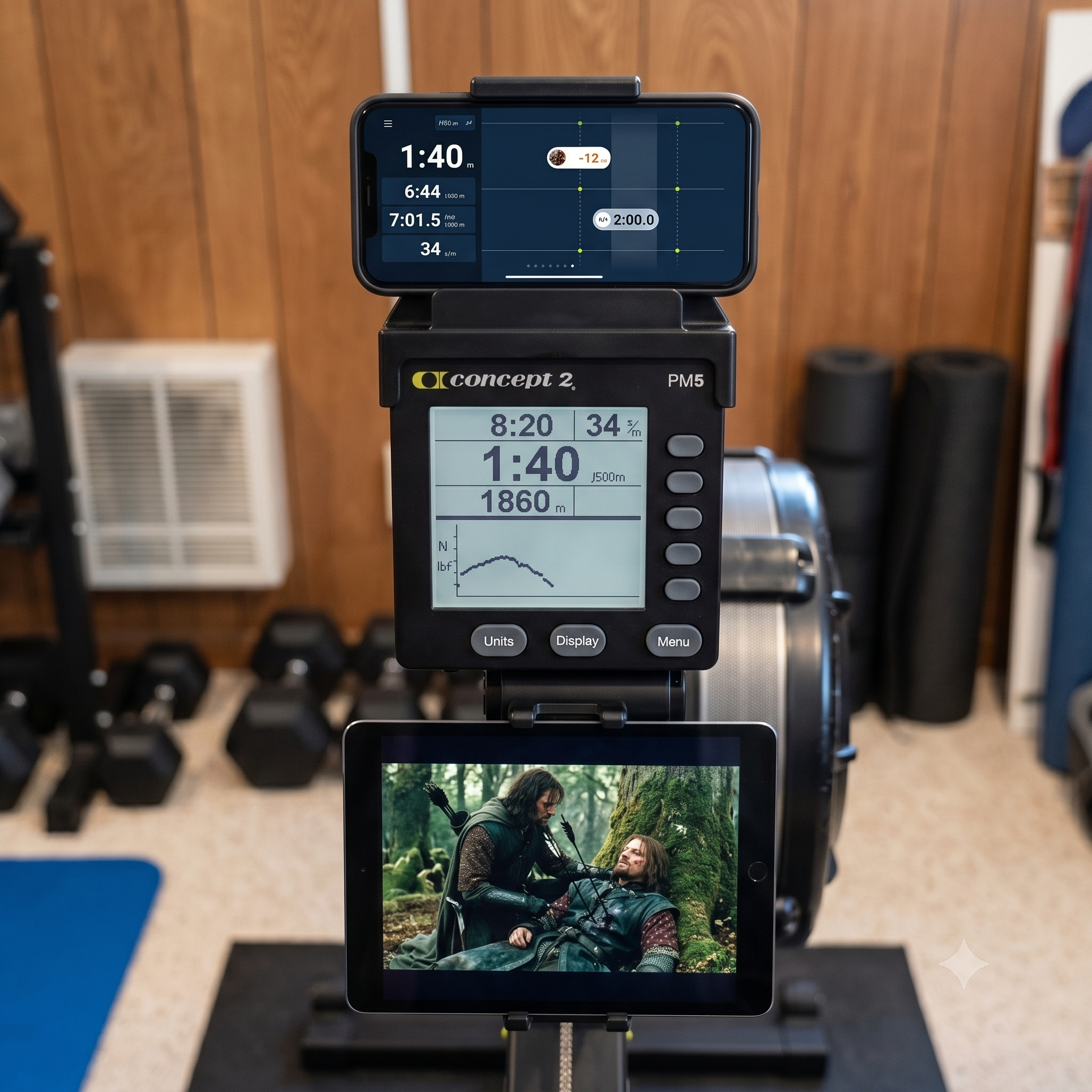 Concept2 PM5, ErgData Pace Boat display, and Entertainment Screen Setup